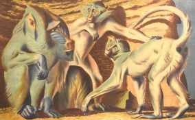 After Hans Feibusch (German 1898-1998) Mandrill And Mangabeys, coloured lithographic print,