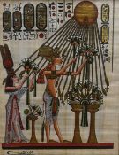 20th Century Continental School, Two Egyptian hieroglyphic style paintings on papyrus, each