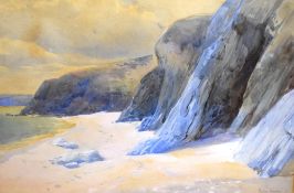 A 20th Century British School beach scene watercolour, entitled Penlee Sands, Bladeport, measuring