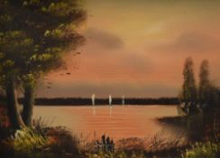 Artist Unknown (20th Century), acrylic on canvas, A sunlit lake landscape, signed indistinctly to