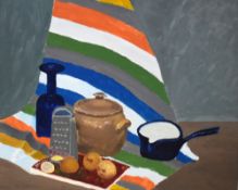 20th Century School, oil on board, A still life arrangement depicting onions beside a selection of