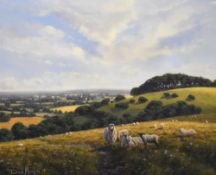 David Morgan (b.1947, British), oil on canvas, An attractive pastoral landscape with sheep grazing
