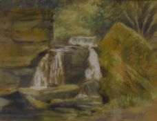 20th century British school, chalk study of a woodland waterfall study with green hues, signed