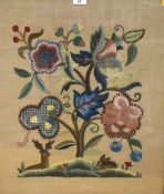 An attractive mid 20th century crewel work embroidery, worked in polychrome threads to depict a