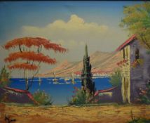 A colourful 1970's Mediterranean scene oil on canvas, probably a Greek or Italian coastal scene,