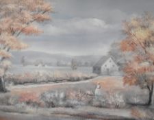 20th Century Continental School, coloured print, A French landscape with pink blossom, framed,