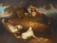 In the manner of George Armfield (1810-1893, British), oil on board, Fox and hounds, displayed