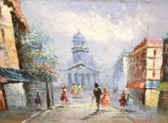 20th Century School, oil on canvas, A Parisian street scene depicting the Sacre Coeur, signed