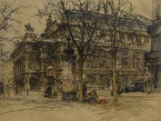 Franz Xaver Wolf (1896-1990, Austrian), coloured print, A Viennese street scene, signed to the lower