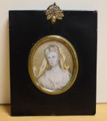 19th Century School, a portrait miniature of a woman with white headdress, set within an ebonised