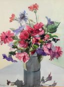 Annice Readyhough (20th Century), watercolours, Two still life interpretations - Vases of flowers,