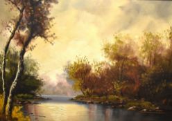 20th Century School, oil on canvas, An idyllic tree lined river scene in autumn, signed indistinctly