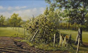 D.L Lawrence (Local Contemporary) oil on board, rural landscape with crows foraging at the corner of