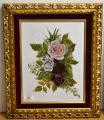 A pair of attractive Victorian style paintings on opaque glass, rose bouquets, within maroon