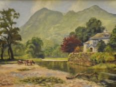 F.J Scarlett (British, local 20th century) oil on board 'At Grange in Borrowdale' signed lower left,