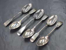 A set of six Edwardian silver fiddle pattern teaspoons, having 'MA' engraved monogram to the