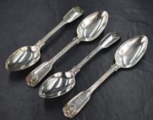 A set of four Victorian silver fiddle pattern spoons, having thread and shell decoration with