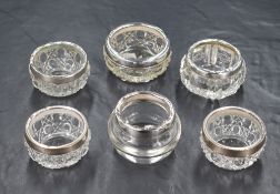 A group of six early 20th century silver mounted glass and cut glass salts, marks to include London,