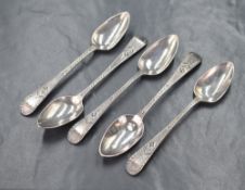 A group of five George III bright-cut silver teaspoons, having 'AIA' engraved to terminals, marks
