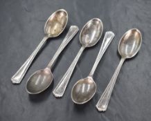 A group of five Elizabeth II silver teaspoons, having anguler line thread and shell decoration to
