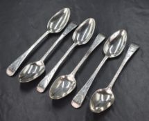 A group of six George III silver Old English pattern teaspoons, having engraving to the handles