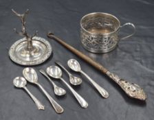 A group of six silver condiment spoons, including one having bead thread and one of Albany