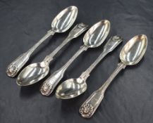 A set of five Victorian silver fiddle pattern teaspons, having thread and shell decoration with