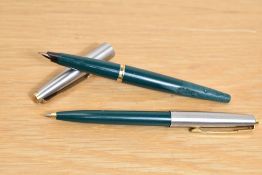 A Parker 45 converter fill fountain pen and ballpoint pen in green having a lutraloy cap with gold