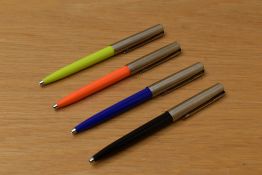 Four Parker 15 ballpoint pens in black, blue, orange and lime green