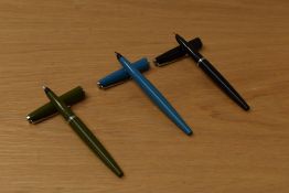 Three Parker 45 Arrow converter fill fountain pens in black green and blue