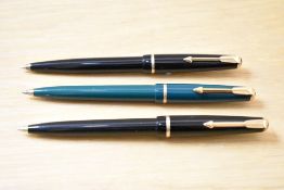 Three Parker Duofold ballpoint pens two black one green
