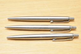 Three Parker Jotter ballpoint pens in Flighter brushed steel