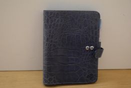 A boxed Mulberry Crocodile skin effect blue leather organiser/ agenda, 13.5x18cm