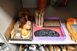A selection of wooden items comprising spirit level, egg cup etc.