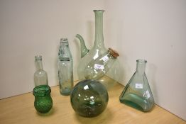 A vintage green wine decanter having ice holder and wicker sold along with a small assortment of