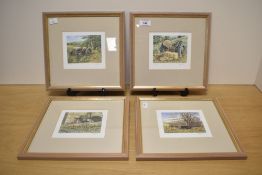 Four retro farm scenes all signed P Hobbs and under glass, measuring 26cm x 26cm overall.