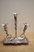 A Victorian silver plated three branch epergne, measuring 25cm high