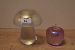 A Glasform iridescent art glass mushroom, measuring 14cm high, and a pink iridescent art glass apple