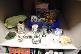 A varied assortment of items comprising Carlton Ware dish, condiment sets, glass horse figure etc.
