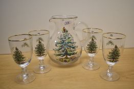 A Spode glass carafe set, of festive interest with Christmas tree decoration to each piece, the