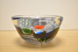 A John Ditchfield clear art glass bowl, the design featuring white swirls and a band of varying