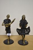 A pair of 20th century African (most likely Bennin) bronze musician figures with patinated