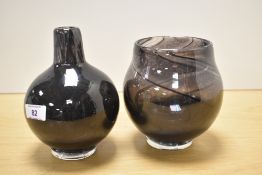 Two John Ditchfield iridescent art glass vases, of bulbous forms and in tones of purple with a green