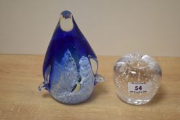 An attractive art glass penguin paperweight, blue tinted and with internal penguin and snowy