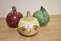 Three novelty Sylvac pottery lidded jars, modelled as beetroot, apple, and onion, each measure