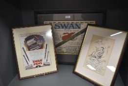 A collection of writing equipment, advertising and inks, including a Mabie Todd & Bard wooden nib