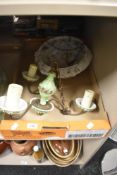 A vintage art deco three branch chandelier sold along with an art deco white and brown marbled glass