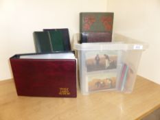 POSTCARDS, 5 ALBUMS OF VINTAGE CARDS VARIOUS SUBJECTS + LOOSE Tub with five albums of postcards,