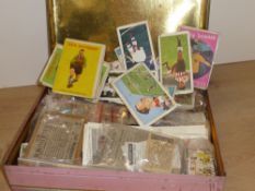 CIGARETTE AND TRADE CARDS COLLECTION IN OLD BISCUIT TIN Old tin with few hundred items, a mix of