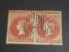 SOUTH AUSTRALIA 1858 PAIR OF 2d ROSE-CARMINE WITH 1 IN OVAL CANCEL Pair of 2d Rose-carmines from
